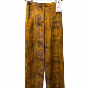 Zara Satin Tie Dye Wide Leg Pants Large NWT Mustard Brown Statement Trousers